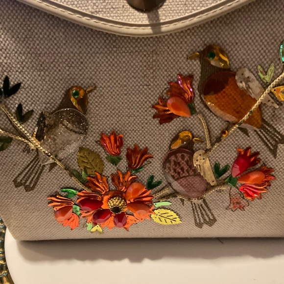 VINTAGE 1960s Bejeweled Box Bird Flower Canvas Handbag - Picture 2 of 10